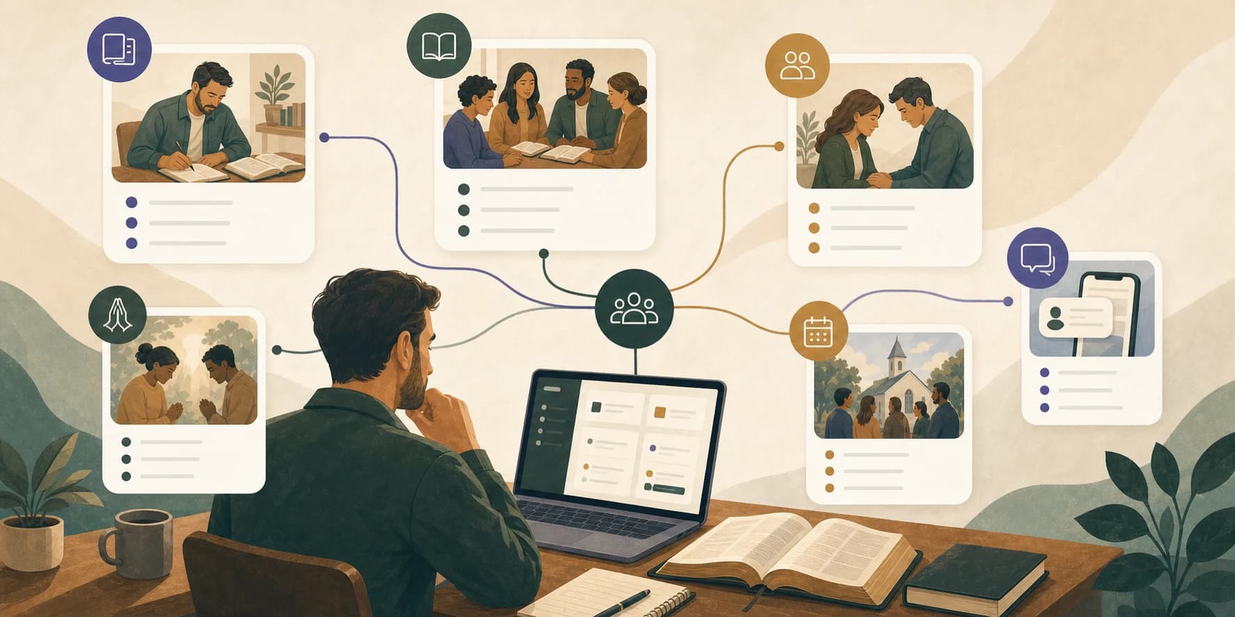 Illustration of a ministry leader preparing a sermon with Bible, notes, and laptop